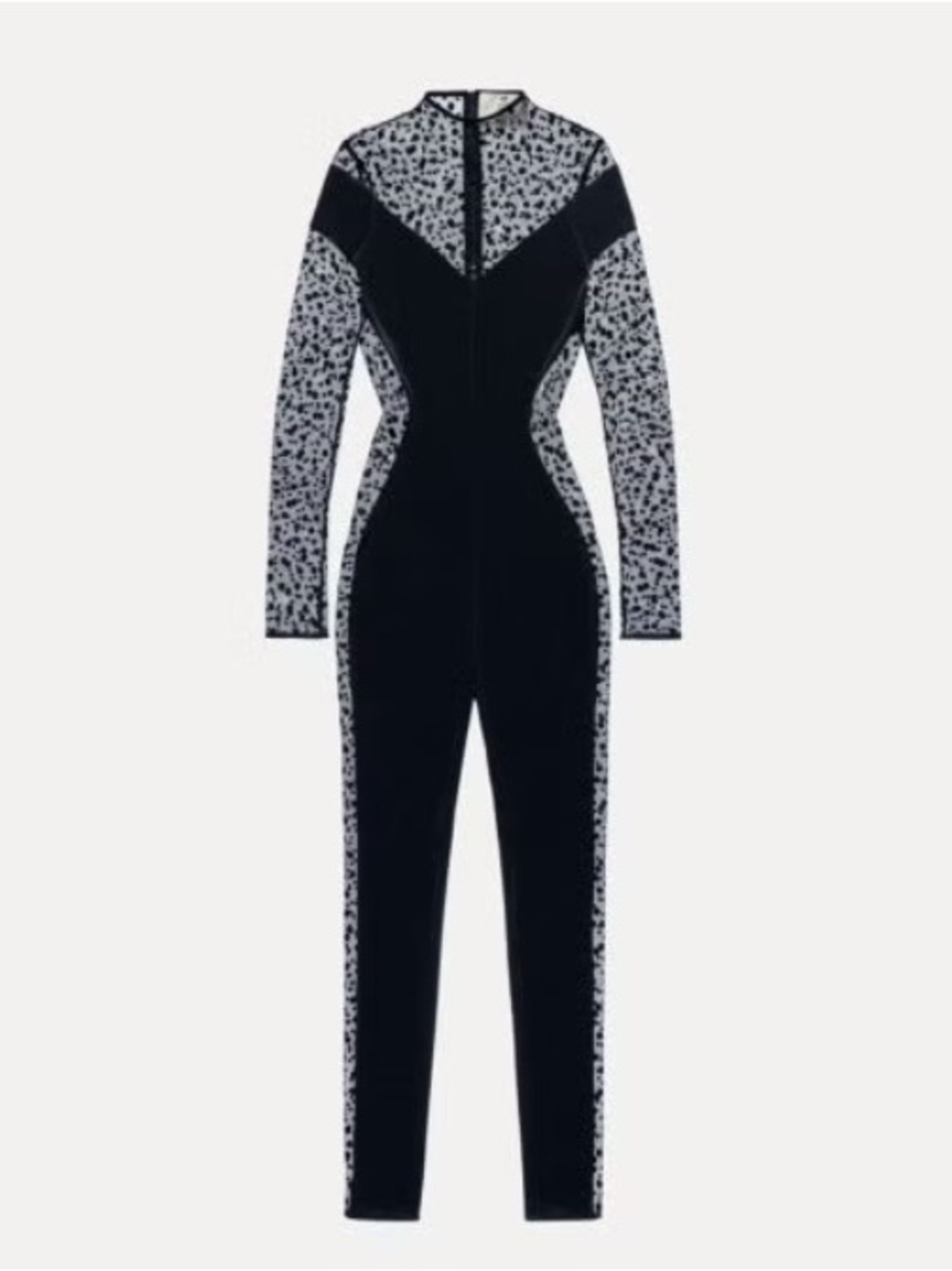 H&M Women's Black Velour & Mesh Dotted Long-Sleeve Jumpsuit